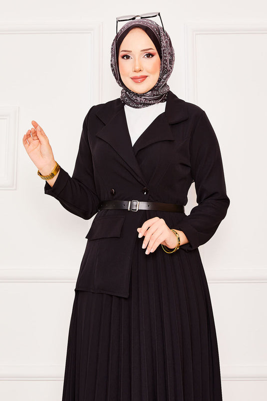 Ceket Detaylı Piliseli Tesettür Elbise Siyah