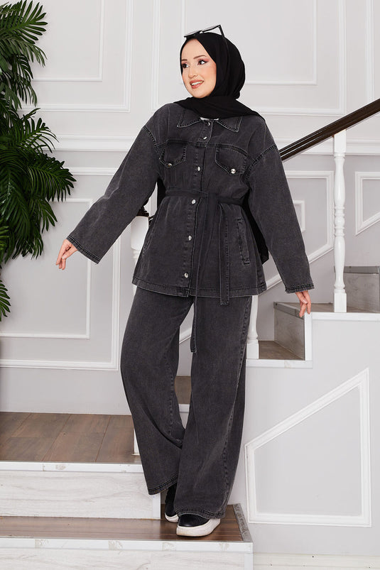 Jacket Trousers Hijab Denim Set Anthracite