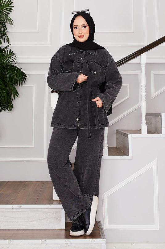 Jacket Trousers Hijab Denim Set Anthracite
