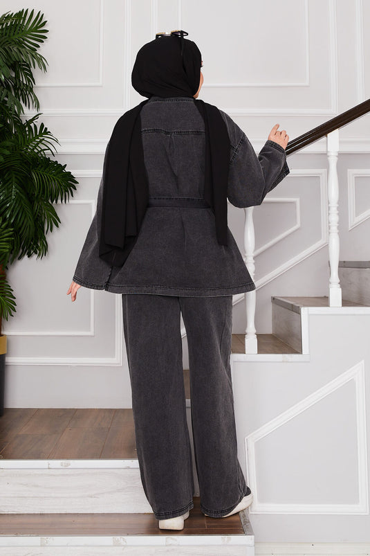 Jacket Trousers Hijab Denim Set Anthracite