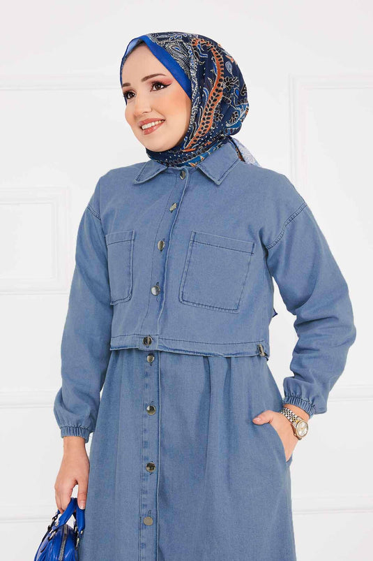 Ceketli Elbise Kot Tesettür Takım Açık Mavi