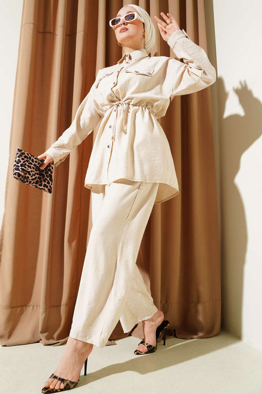 Zweiteiliges Set mit Tunnelzug aus beiger Taille und Taschen, beige