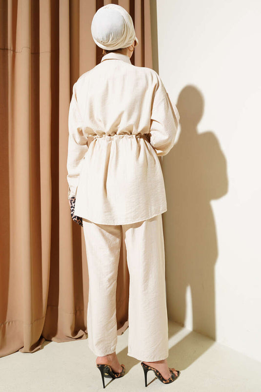 Cep Boncuklu Bel Tünelli İkili Takım Bej