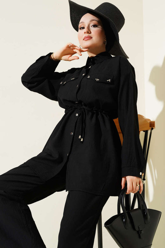 Ensemble deux pièces noir avec tunnel de taille perlé et poches