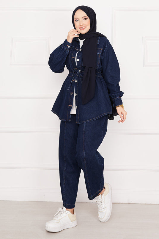 Pocket Detailed Waist Laced Hijab Denim Suit Navy Blue