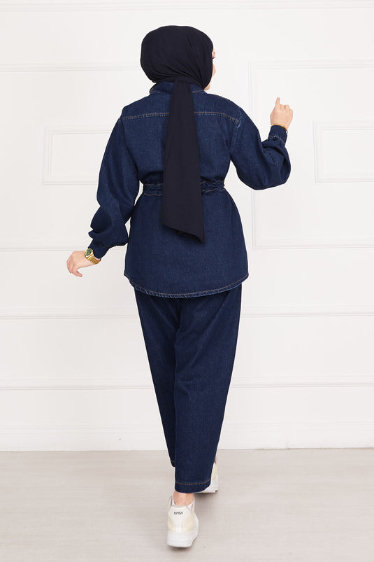 Pocket Detailed Waist Laced Hijab Denim Suit Navy Blue