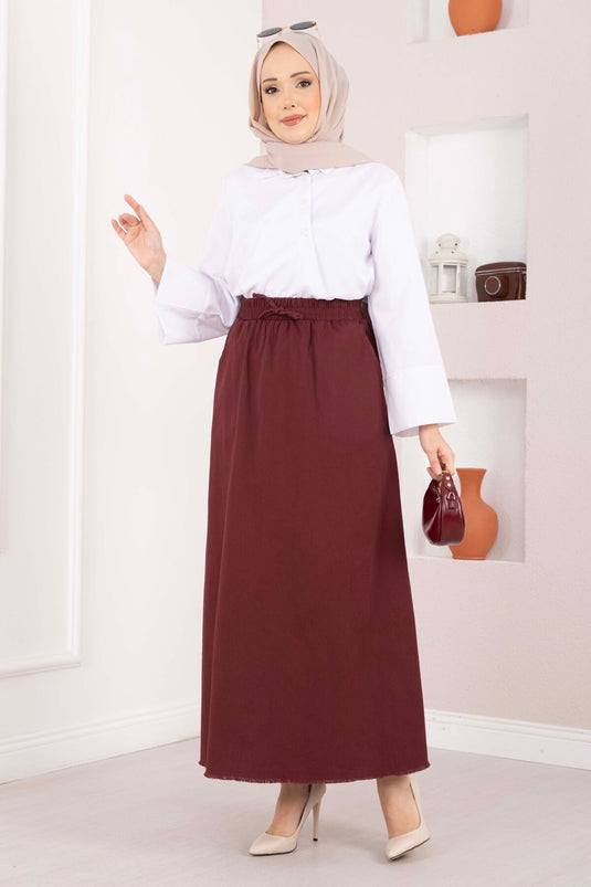 Skirt with Pocket Detail and Elastic Waist, Burgundy
