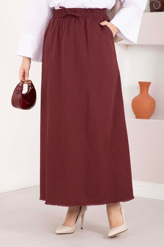 Skirt with Pocket Detail and Elastic Waist, Burgundy