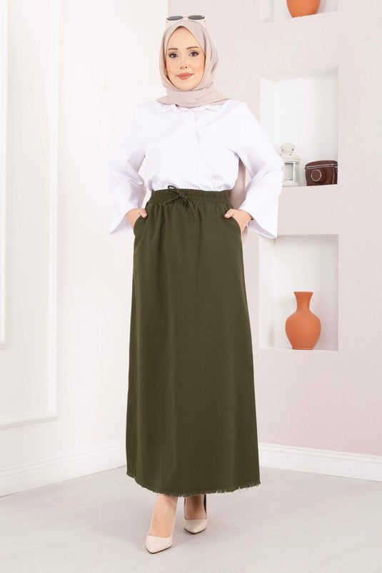 Skirt with Side Pocket and Elastic Waistband, Khaki