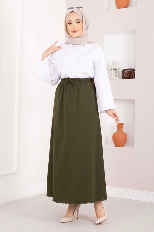 Skirt with Side Pocket and Elastic Waistband, Khaki