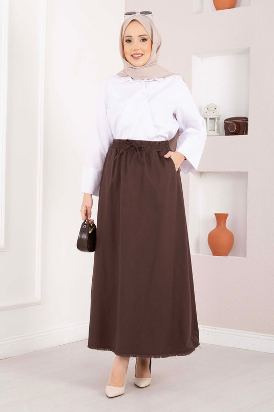 Skirt with Pocket Detail and Elastic Waist, Brown