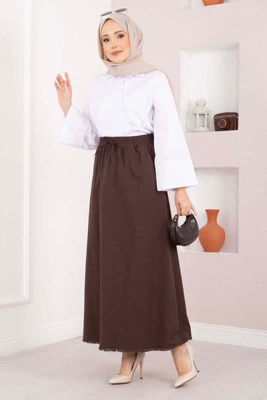 Skirt with Pocket Detail and Elastic Waist, Brown