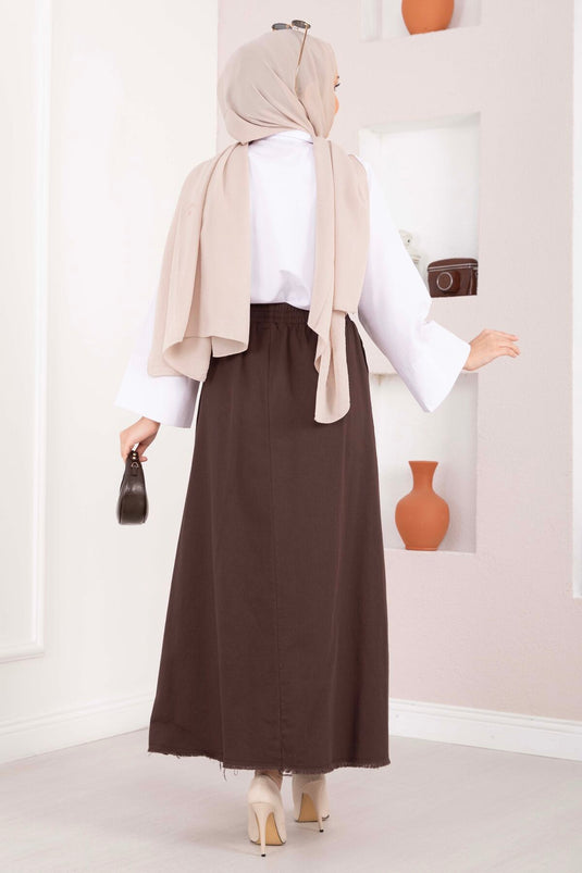 Skirt with Pocket Detail and Elastic Waist, Brown