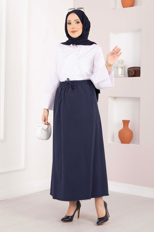 Skirt with Pocket Detail and Elastic Waistband Navy Blue