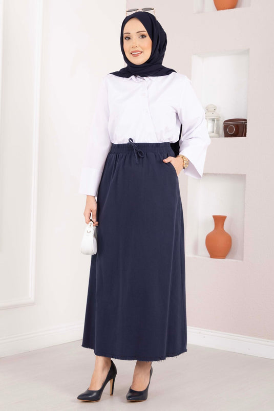 Skirt with Pocket Detail and Elastic Waistband Navy Blue