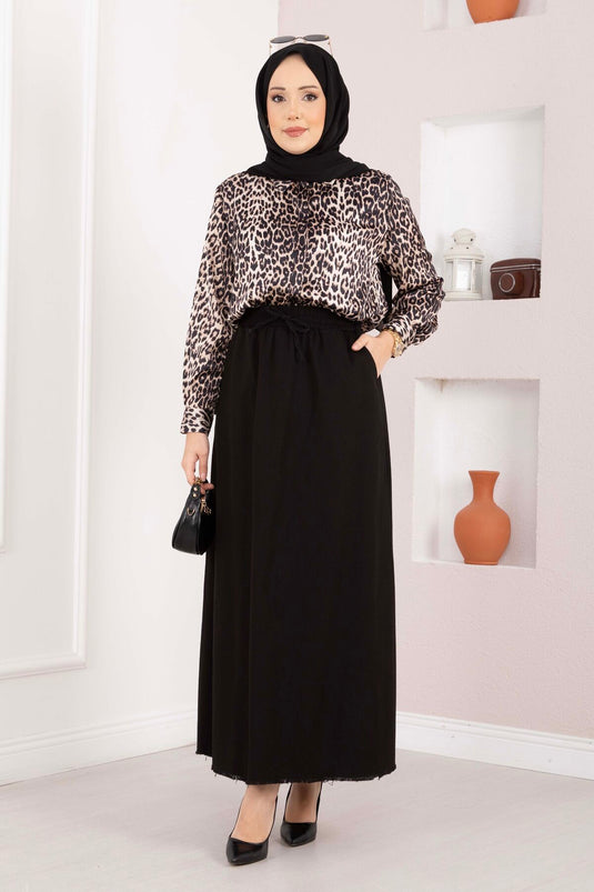 Skirt with Side Pocket and Elastic Waistband Black