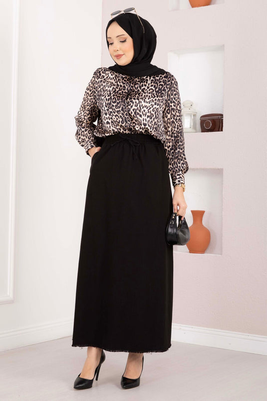 Skirt with Side Pocket and Elastic Waistband Black