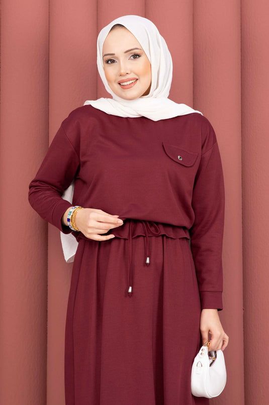 Burgundy Pocket Detail Crop Top & Skirt Set