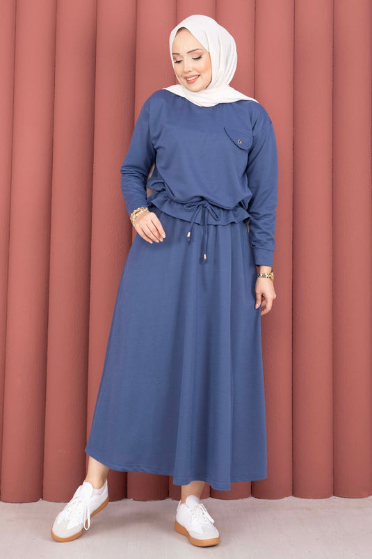 Pocket Detail Crop & Skirt Two-Piece Set Indigo