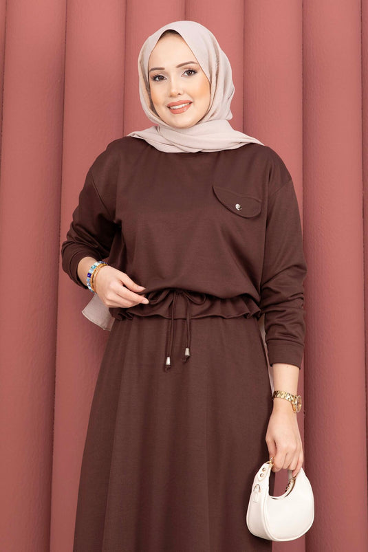 Pocket Detail Crop & Skirt Two-Piece Set Brown