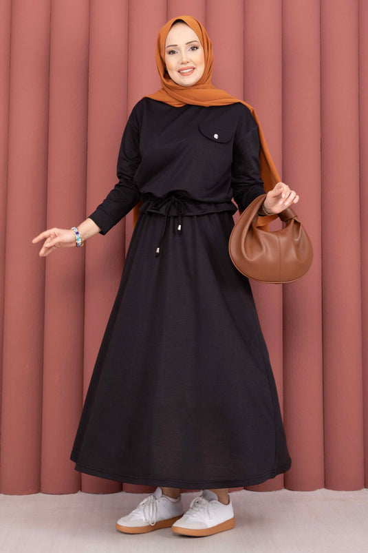 Black Pocket Detail Crop Top & Skirt Two-Piece Set