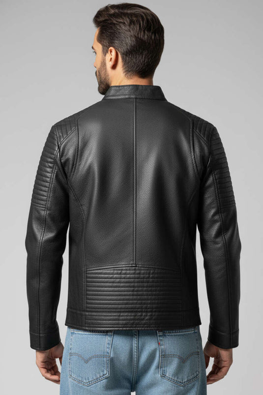 معطف جلدي رجالي بتفاصيل جيوب أسود