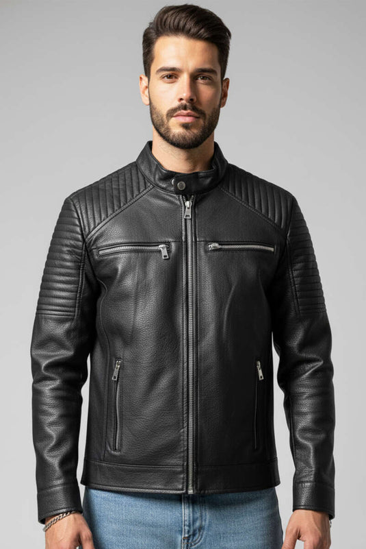 معطف جلدي رجالي بتفاصيل جيوب أسود