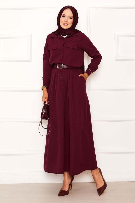 Burgundy Two-Piece Suit with Pocket Detail and Skirt