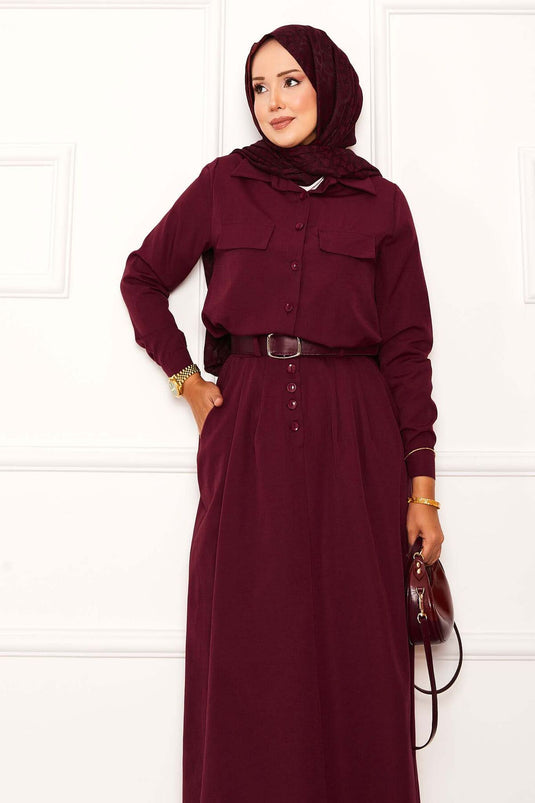 Burgundy Two-Piece Suit with Pocket Detail and Skirt