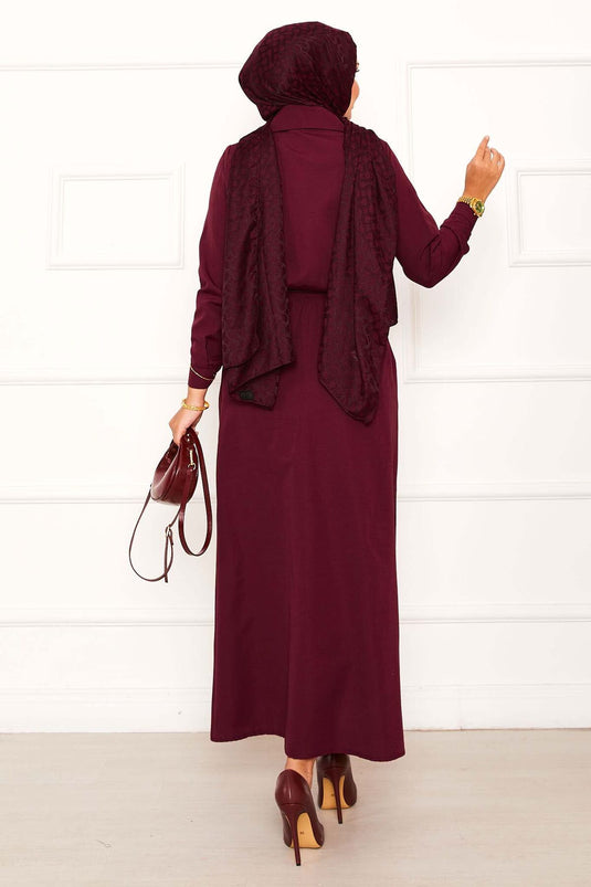 Burgundy Two-Piece Suit with Pocket Detail and Skirt