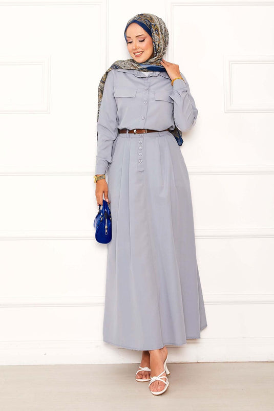 Two-Piece Skirted Suit with Pocket Detail in Gray