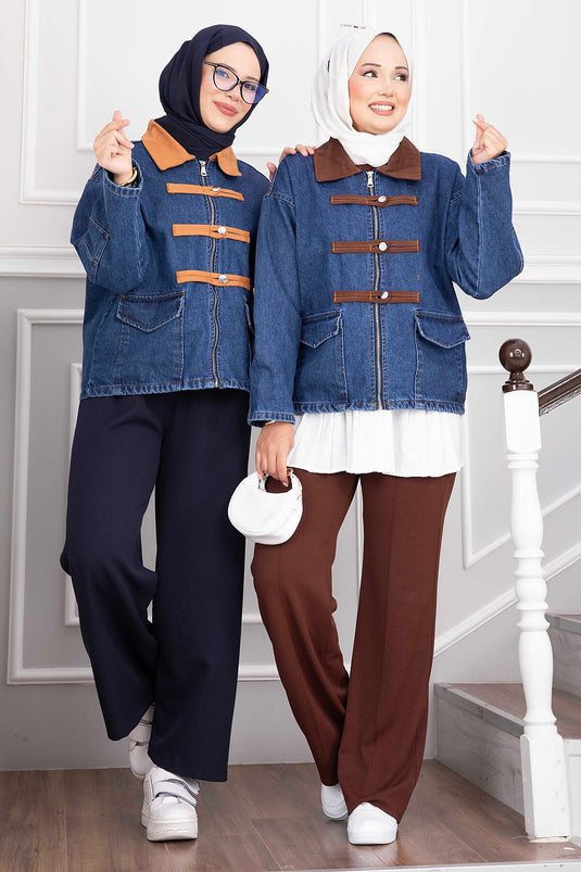 Chaqueta Vaquera Camel Con Cremallera Y Bolsillos