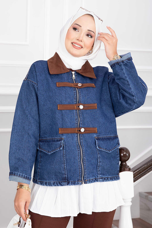 Bruine Denim Jas Met Rits En Zakken