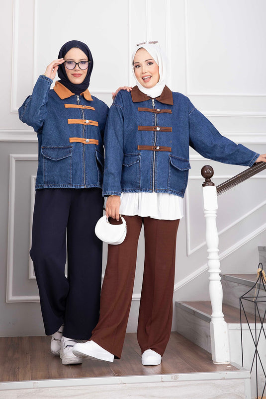 Bruine Denim Jas Met Rits En Zakken