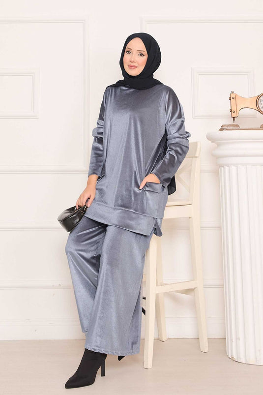 Velvet Two-Piece Suit with Pocket Detail in Gray