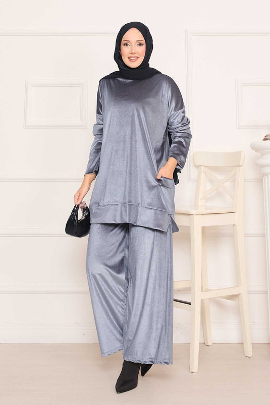 Velvet Two-Piece Suit with Pocket Detail in Gray