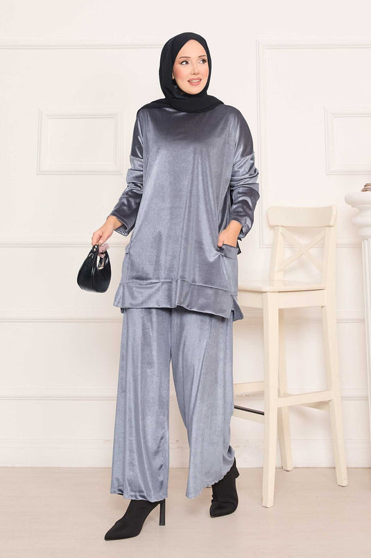 Velvet Two-Piece Suit with Pocket Detail in Gray