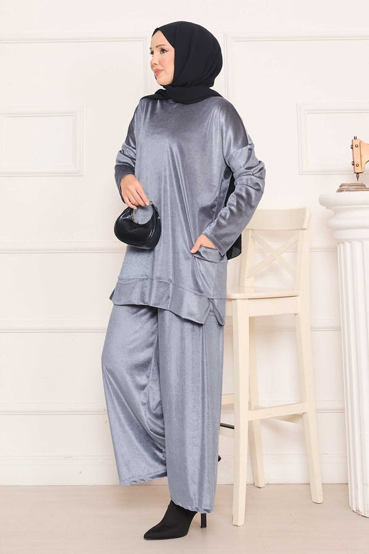 Velvet Two-Piece Suit with Pocket Detail in Gray