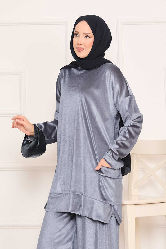 Velvet Two-Piece Suit with Pocket Detail in Gray