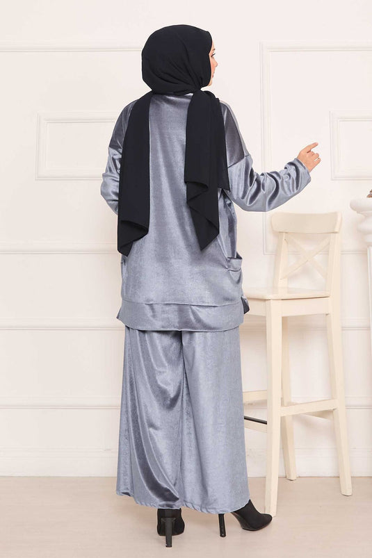Velvet Two-Piece Suit with Pocket Detail in Gray
