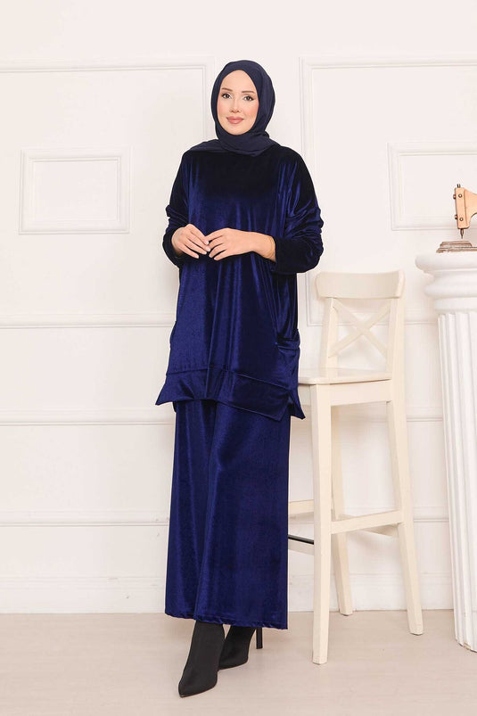 Velvet Two-Piece Suit with Pocket Detail, Navy Blue