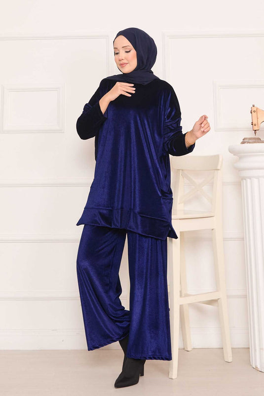 Costume deux pièces en velours avec poches, bleu marine