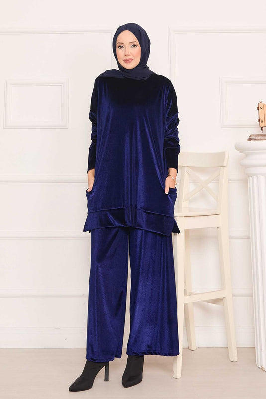 Velvet Two-Piece Suit with Pocket Detail, Navy Blue