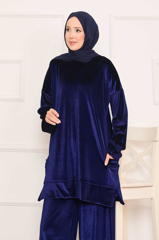 Velvet Two-Piece Suit with Pocket Detail, Navy Blue
