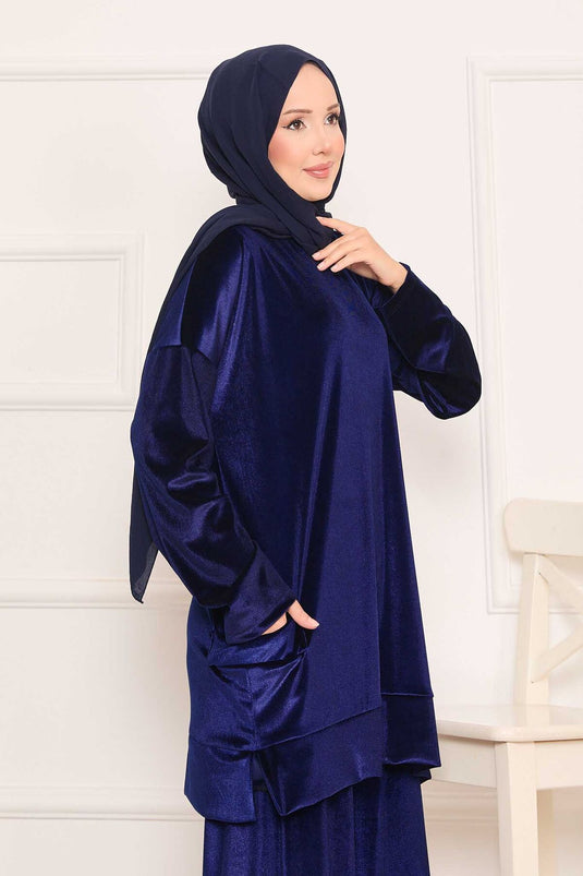 Costume deux pièces en velours avec poches, bleu marine