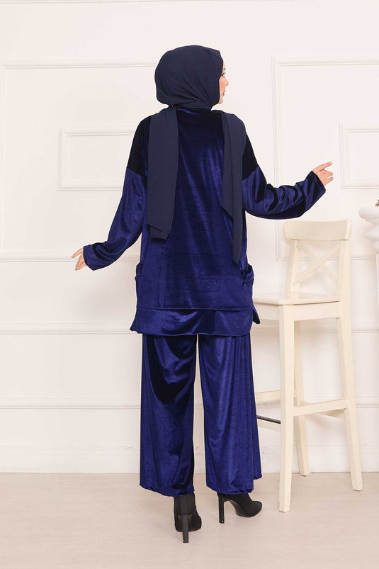 Velvet Two-Piece Suit with Pocket Detail, Navy Blue