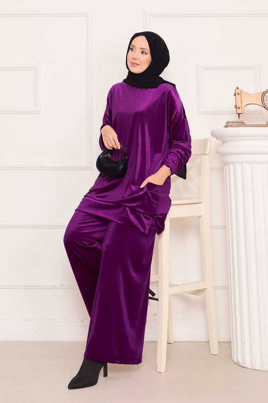Velvet Two Piece Suit with Pocket Detail, Plum