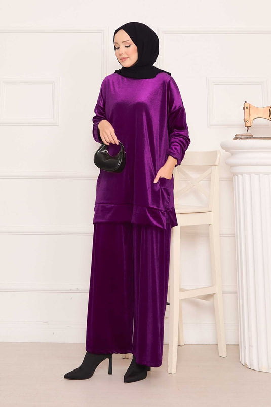 Costume deux pièces en velours avec poches, prune