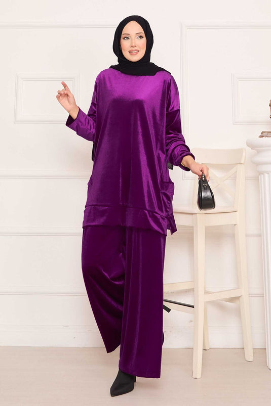 Velvet Two Piece Suit with Pocket Detail, Plum