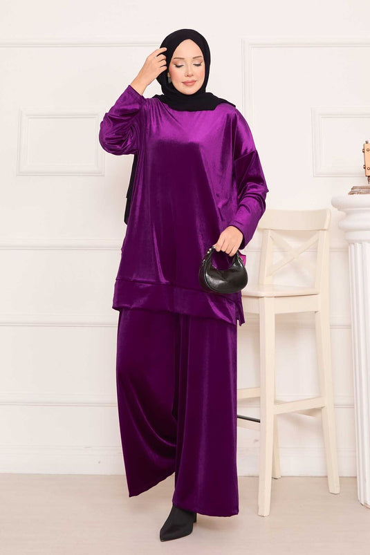 Velvet Two Piece Suit with Pocket Detail, Plum